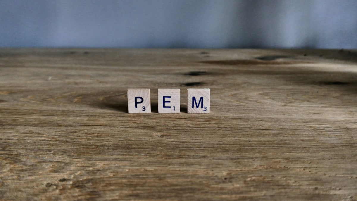 Landscape image of letter tiles spelling PEM on a wooden sideboard